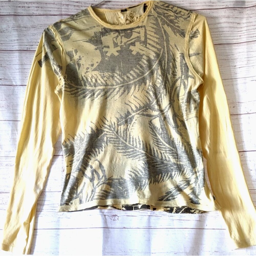 Buffalo David Bitton Men's T-shirt Reverse Print Inside-Out Yellow Long Sleeve M